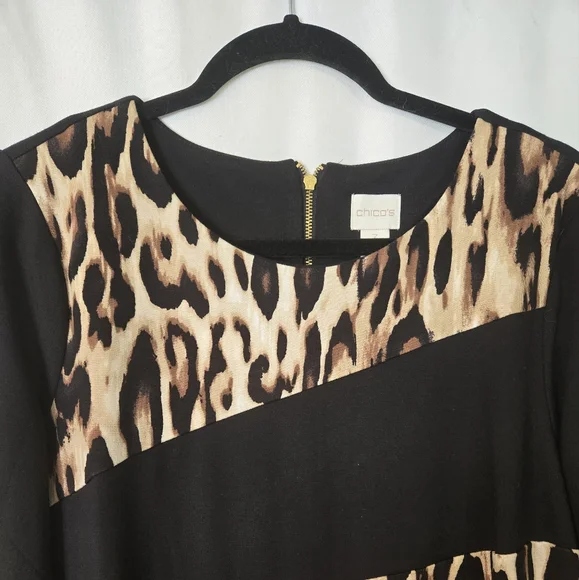 Chico's Black/Animal Print Stretch Trendy Cheetah Dress. Size 3